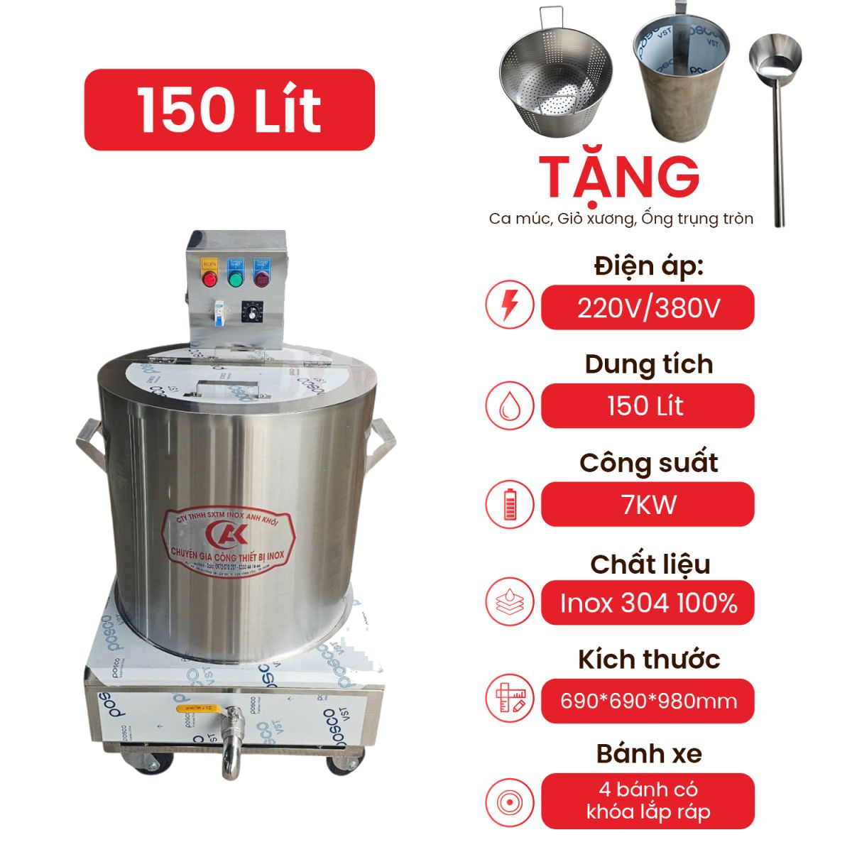 Thông Số Kỹ Thuật Nồi Nấu Điện 150L